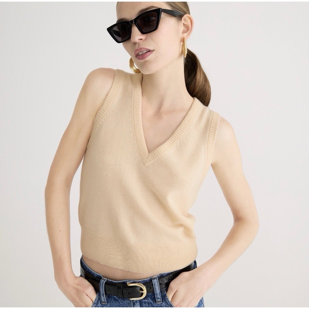 J.Crew 100% Cashmere Sweater Vest Womens M Cream Ivory V Neck Preppy